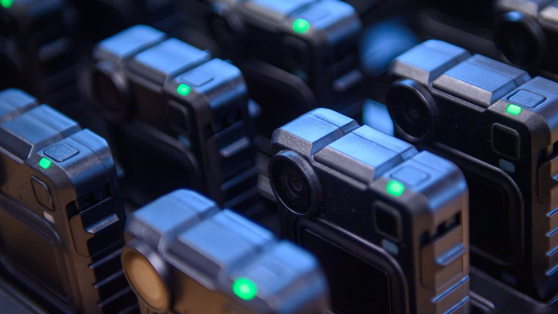 VB400" bodycams from Motorola Solutions are in place at the docking station. 150 of these body-worn cameras are now being used by the Saxony-Anhalt state police in the north of the state. The recording devices are to be introduced throughout the state in the coming years as a supportive management and operational tool in the Saxony-Anhalt police force. Photo: Klaus-Dietmar Gabbert/dpa (Photo by Klaus-Dietmar Gabbert/picture alliance via Getty Images) VB400" bodycams from Motorola Solutions are in place at the docking station. 150 of these body-worn cameras are now being used by the Saxony-Anhalt state police in the north of the state. The recording devices are to be introduced throughout the state in the coming years as a supportive management and operational tool in the Saxony-Anhalt police force. Photo: Klaus-Dietmar Gabbert/dpa (Photo by Klaus-Dietmar Gabbert/picture alliance via Getty Images)