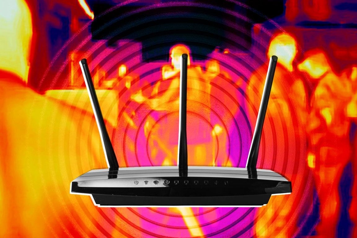 Illustration of a common household wi-fi router overlaid atop an heatmap image of human bodies, with concentric circles underlaid radiating from the router.