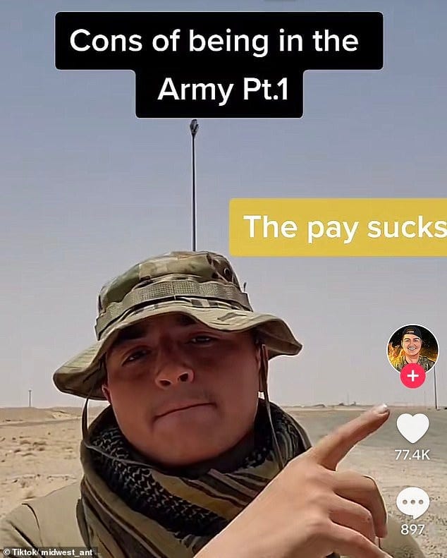 US Army faces 'TikTok mutiny' as Gen Z recruits whine about low pay, 'sh***y' food and FITNESS TESTS while on bases in uniform | Daily Mail Online US Army faces 'TikTok mutiny' as Gen Z recruits whine about low pay, 'sh***y' food and FITNESS TESTS while on bases in uniform | Daily Mail Online