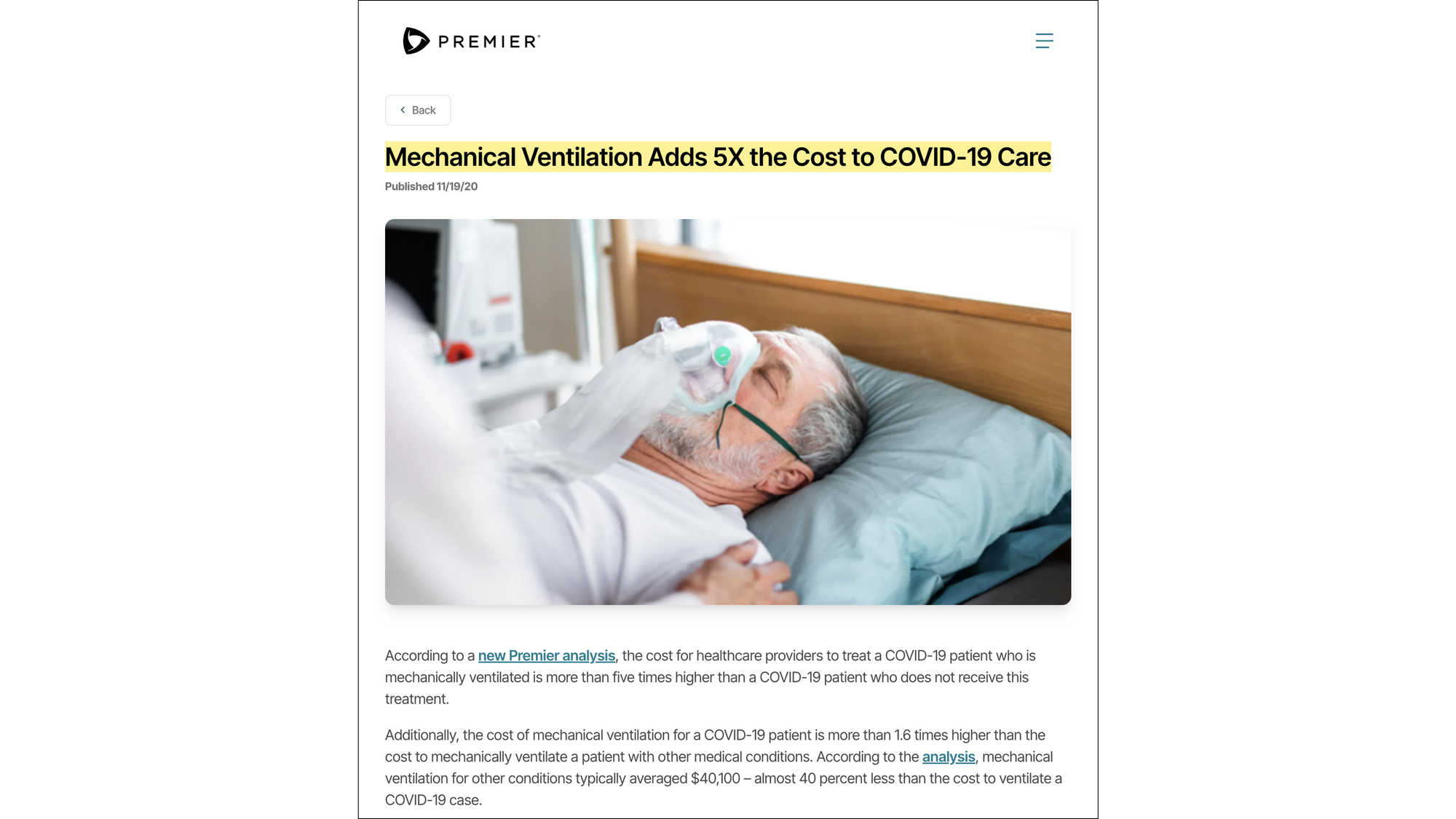 Mechanical Ventilation Adds 5X the Cost to COVID-19 Care (Premier, 19 November 2020) Mechanical Ventilation Adds 5X the Cost to COVID-19 Care (Premier, 19 November 2020)