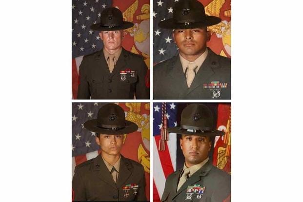 Marine Corps portraits of drill instructors who died by suicide. Clockwise from top left are Staff Sgt. Courtland Bates Wind, Cpl. Angel Acosta III, Gunnery Sgt. Logan Sowell, and Sft. Yliana Hernandez. (Defense Department) Marine Corps portraits of drill instructors who died by suicide