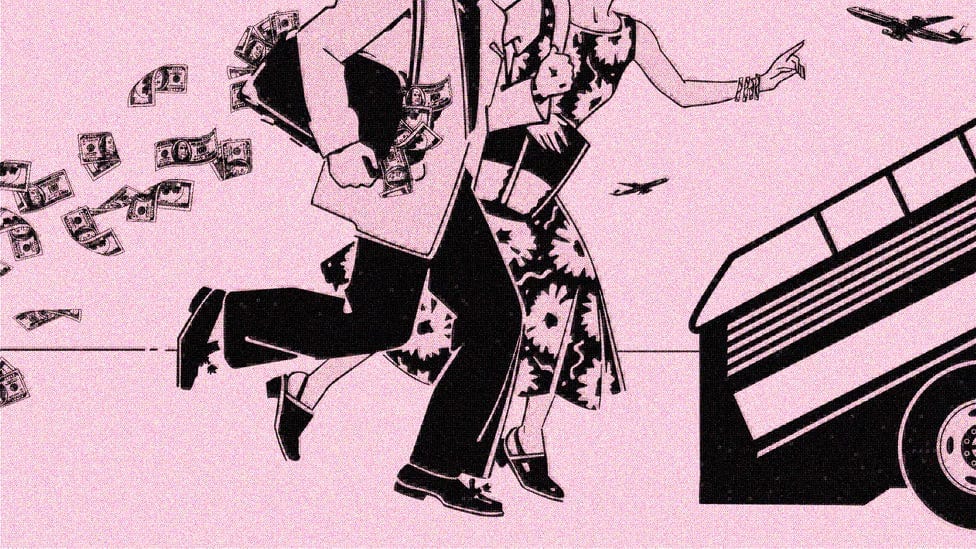 Illustration of a couple running towards the steps of an airplane while dollar bills fall from their briefcase Illustration of a couple running towards the steps of an airplane while dollar bills fall from their briefcase