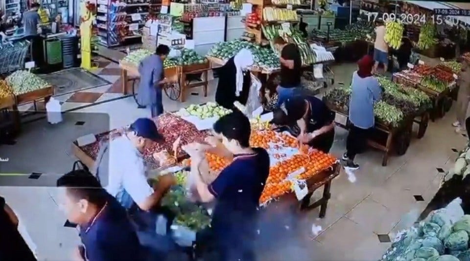 The moment a pager explodes in a market in Beirut The moment a pager explodes in a market in Beirut