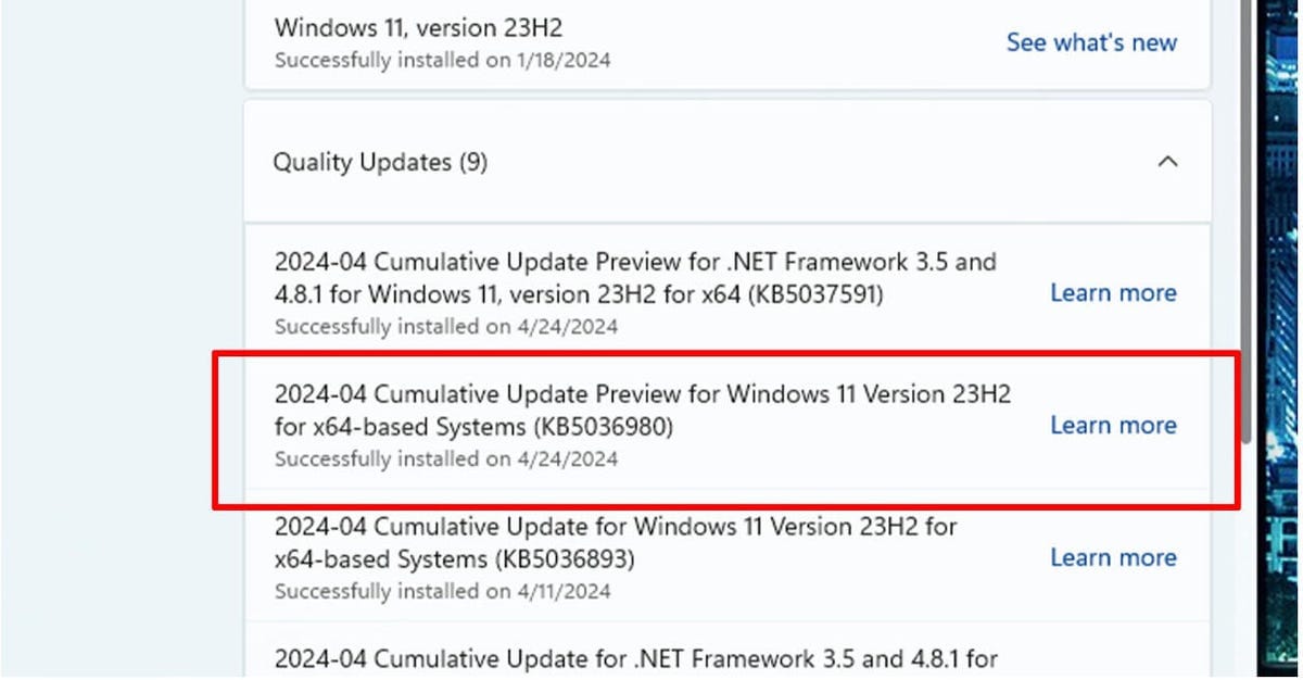 Screenshot showing Windows 11 update Screenshot showing Windows 11 update