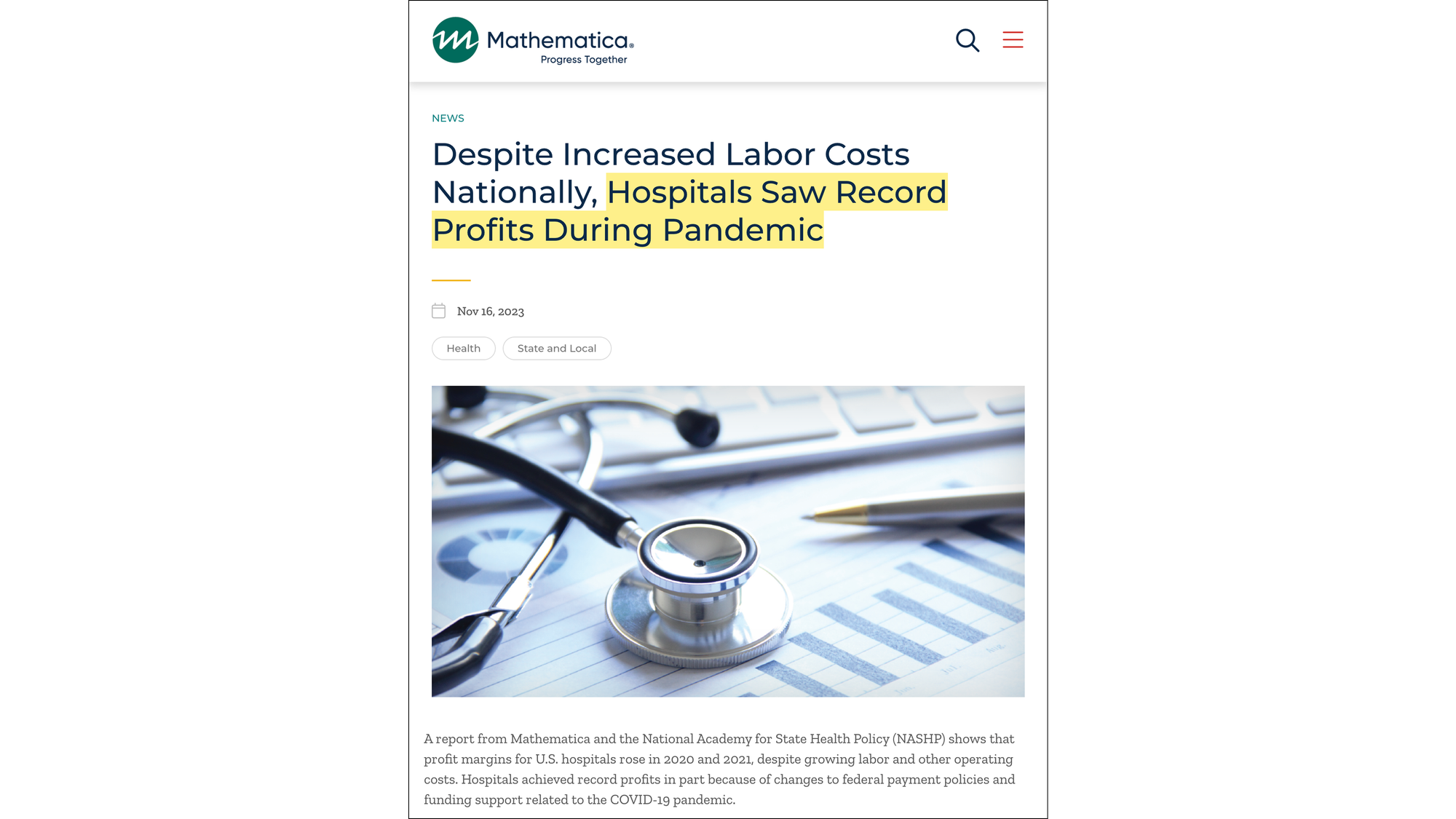 Despite Increased Labor Costs Nationally, Hospitals Saw Record Profits During Pandemic (Mathematica, 16 November 2023) Despite Increased Labor Costs Nationally, Hospitals Saw Record Profits During Pandemic (Mathematica, 16 November 2023)