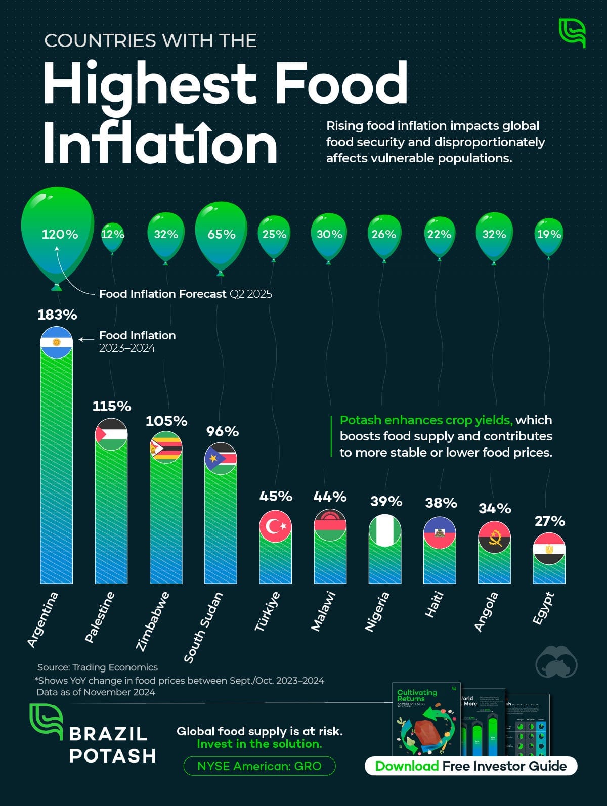 A bar chart showing which countries have the highest food inflation in 2024. Argentina and Palestine had the highest between 2023 and 2024. A bar chart showing which countries have the highest food inflation in 2024. Argentina and Palestine had the highest between 2023 and 2024.