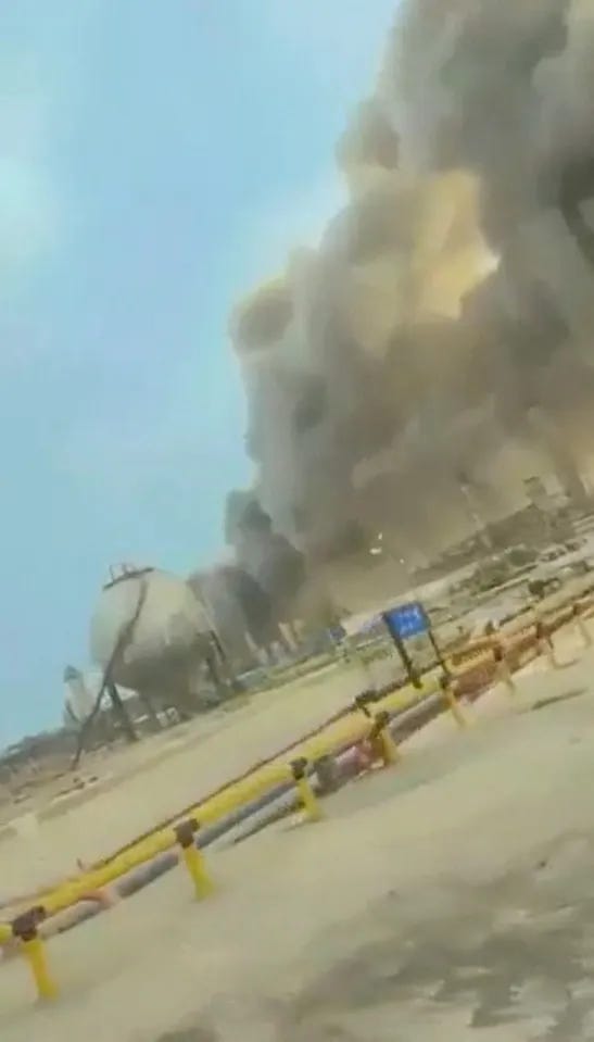 Smoke rises at an oil refinery in Ras Tanura Smoke rises at an oil refinery in Ras Tanura