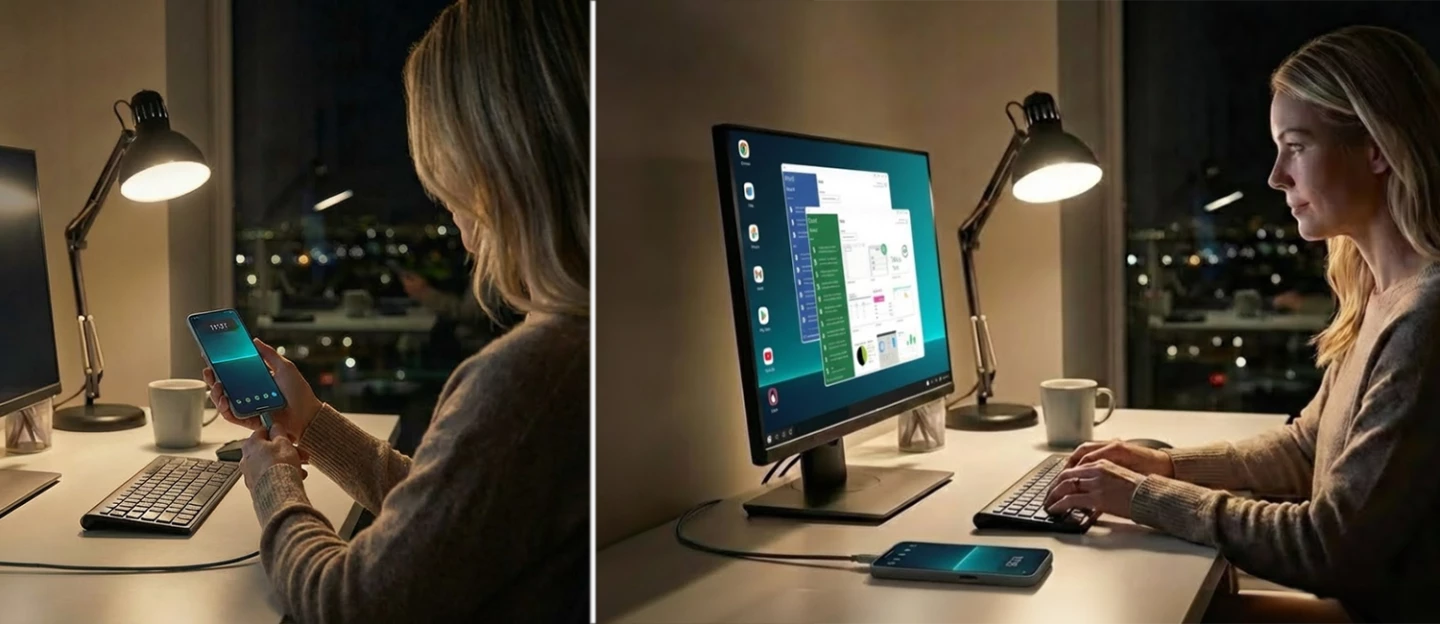 With a NexPhone, you can dock your device to your home setup and pick your work up where you left off With a NexPhone, you can dock your device to your home setup and pick your work up where you left off