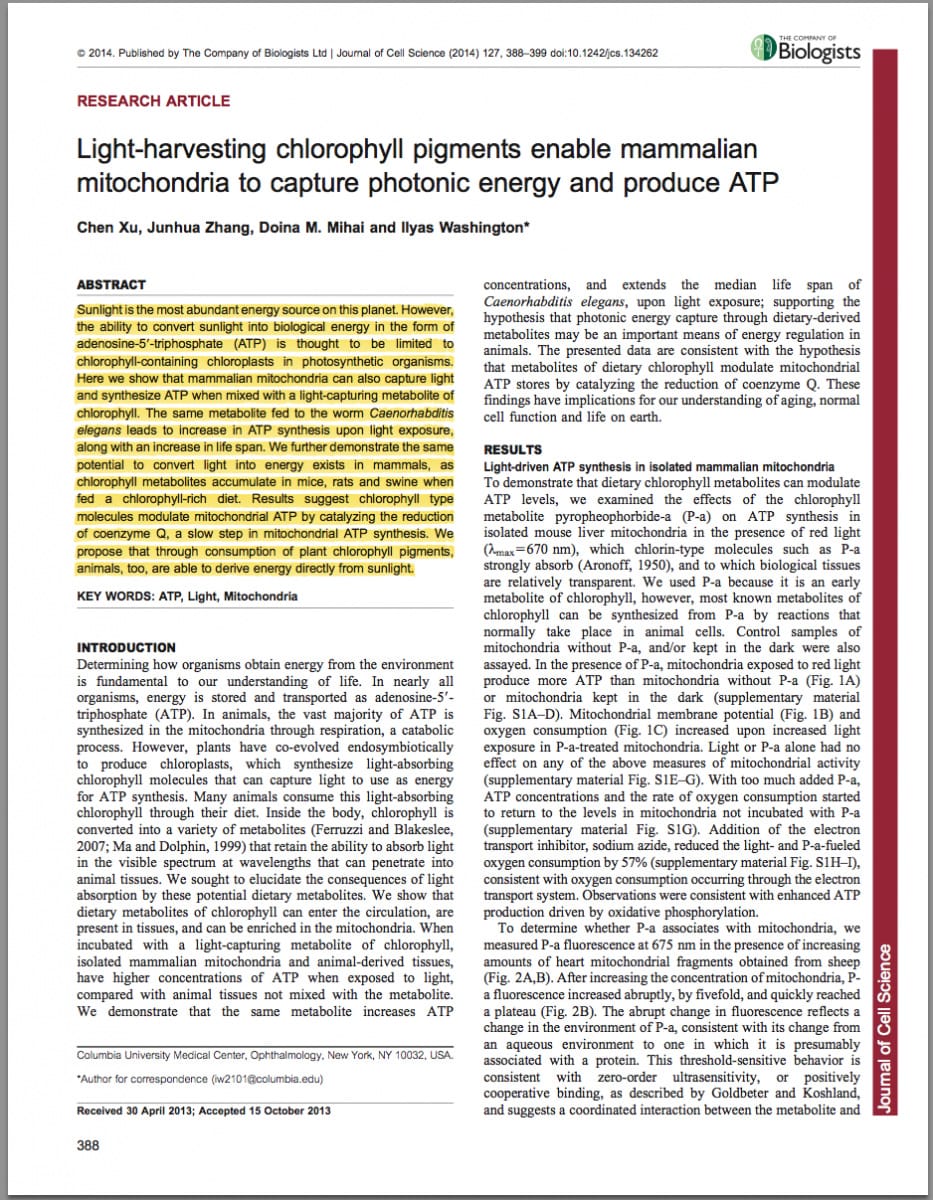 Light-harvesting chlorophyll pigments enable mammalian mitochondria to capture photonic energy and produce ATP Light-harvesting chlorophyll pigments enable mammalian mitochondria to capture photonic energy and produce ATP