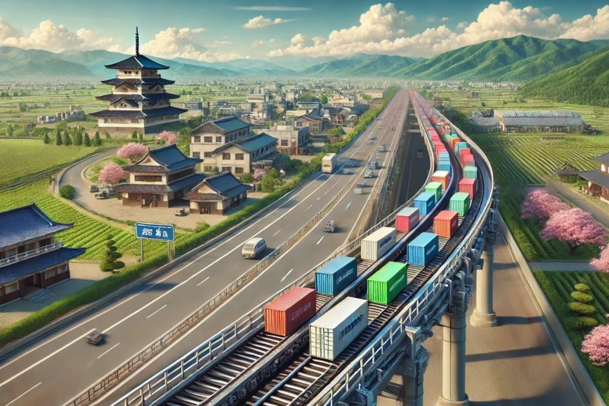 The Tokyo-Osaka automated logistics system, pictured using generative tools, will use conveyor belts or small, autonomous carts to move cargo The Tokyo-Osaka automated logistics system, pictured using generative tools, will use conveyor belts or small, autonomous carts to move cargo