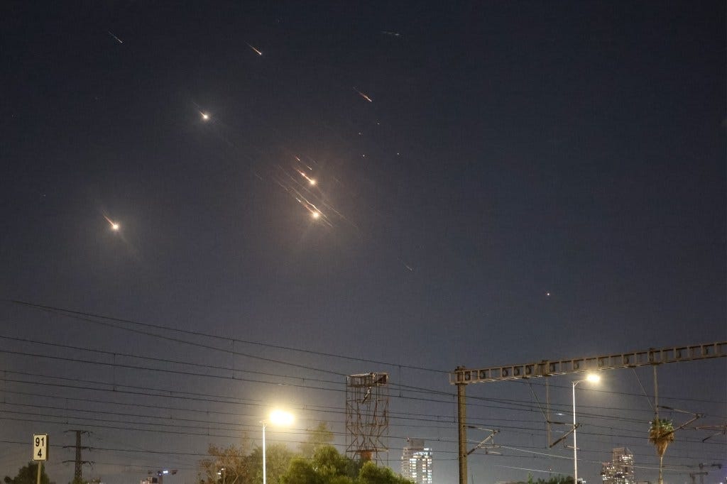 Projectiles being intercepted by Israel above Tel Aviv on October 1, 2024. Projectiles being intercepted by Israel above Tel Aviv on October 1, 2024.