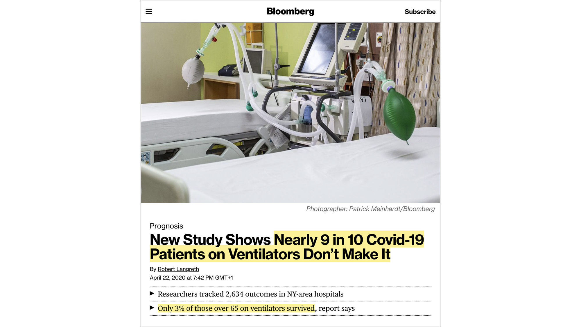 New Study Shows Nearly 9 in 10 Covid-19 Patients on Ventilators Don’t Make It (Bloomberg, 22 April 2020) New Study Shows Nearly 9 in 10 Covid-19 Patients on Ventilators Don’t Make It (Bloomberg, 22 April 2020)