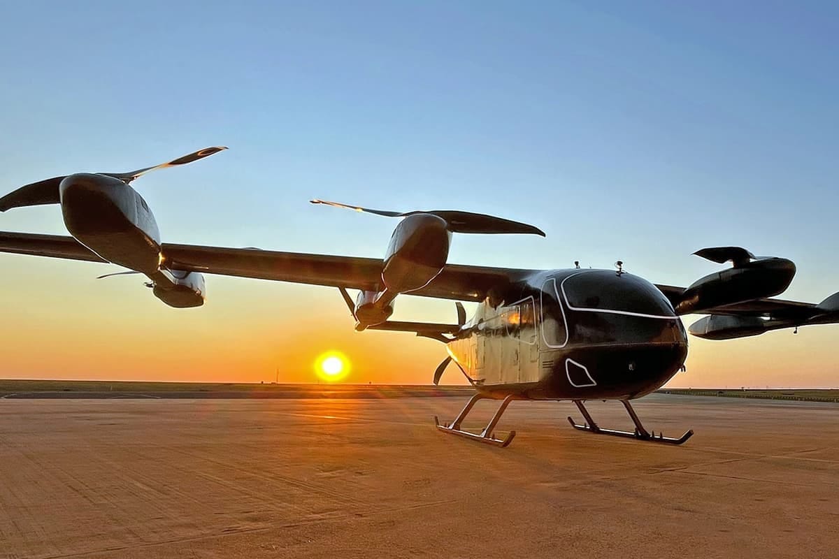 The prototype Eve Air Mobility sits magestically against the setting sun backdrop The prototype Eve Air Mobility sits magestically against the setting sun backdrop