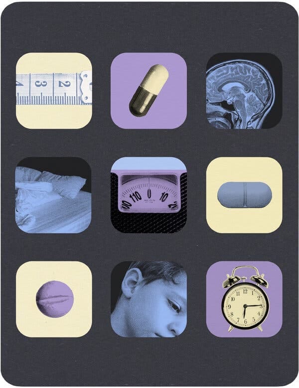 A collage illustration of images contained in phone app shapes, including: a measuring tape, a scan of a human brain, an empty bed, a scale, a sad child, an alarm clock and pills. A collage illustration of images contained in phone app shapes, including: a measuring tape, a scan of a human brain, an empty bed, a scale, a sad child, an alarm clock and pills.