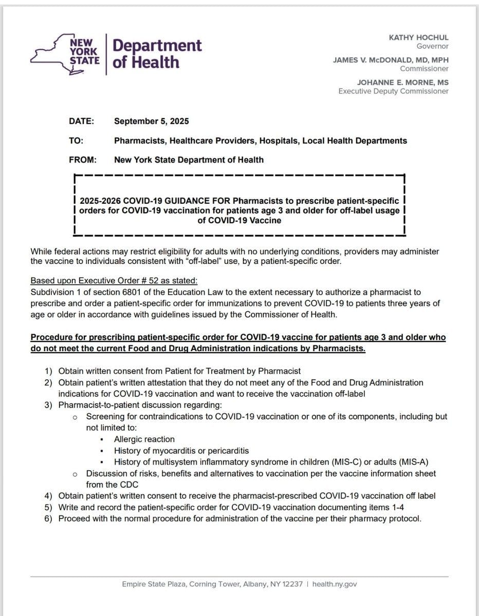 A document from the New York State Department of Health. It includes text with headers, names like Kathy Hochul, James V. McDonald, and Johanne Morne, and details about pharmacists and COVID-19 vaccine administration. The text is formatted with official letterhead and signatures. A document from the New York State Department of Health. It includes text with headers, names like Kathy Hochul, James V. McDonald, and Johanne Morne, and details about pharmacists and COVID-19 vaccine administration. The text is formatted with official letterhead and signatures.