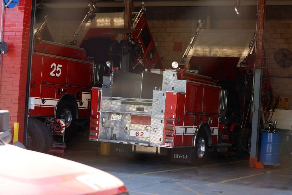A fire fighting engine in for repairs at the Los Angeles depot. A fire fighting engine in for repairs at the Los Angeles depot.