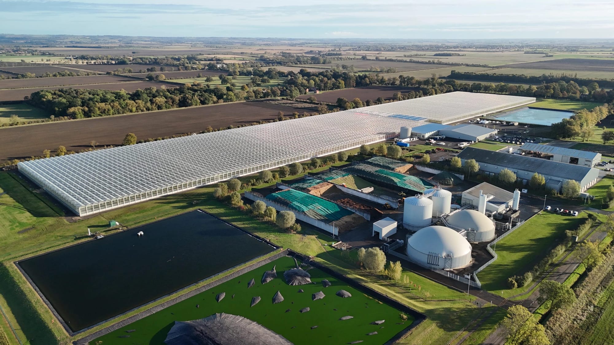 An overhead look at the glasshouse and the anaerobic digesters that fuel it An overhead look at the glasshouse and the anaerobic digesters that fuel it