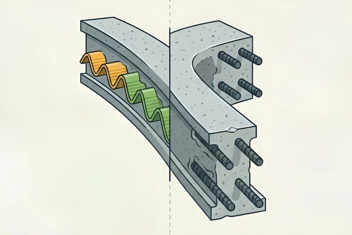 A section of concrete reinforced with traditional rebar (right) and the experimental new wavy PLA (left) A section of concrete reinforced with traditional rebar (right) and the experimental new wavy PLA (left)
