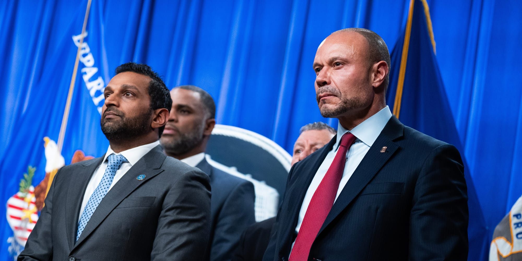 UNITED STATES - DECEMBER 4: FBI Director Kash Patel, left, and Dan Bongino, deputy director of the FBI, attend a news conference at the Department of Justice on Thursday, December 4, 2025, announcing the arrest of Brian Cole Jr., who allegedly placed pipe bombs near the Republican and Democratic National Committee offices on January 6, 2021. (Tom Williams/CQ Roll Call via AP Images) UNITED STATES - DECEMBER 4: FBI Director Kash Patel, left, and Dan Bongino, deputy director of the FBI, attend a news conference at the Department of Justice on Thursday, December 4, 2025, announcing the arrest of Brian Cole Jr., who allegedly placed pipe bombs near the Republican and Democratic National Committee offices on January 6, 2021. (Tom Williams/CQ Roll Call via AP Images)