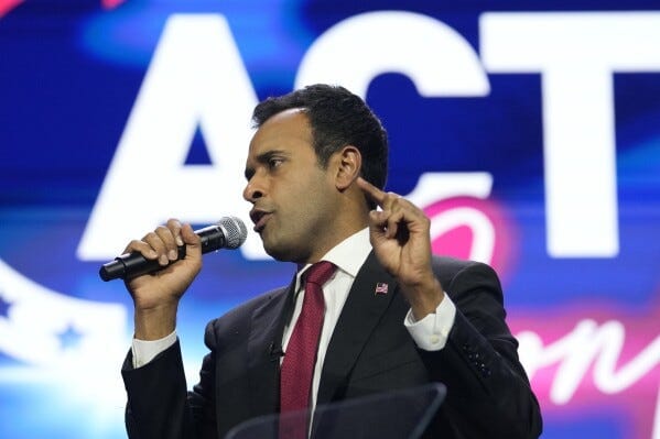 Republican presidential candidate Vivek Ramaswamy speaks during the Turning Point Action conference, Saturday, July 15, 2023, in West Palm Beach, Fla.(AP Photo/Lynne Sladky) Republican presidential candidate Vivek Ramaswamy speaks during the Turning Point Action conference, Saturday, July 15, 2023, in West Palm Beach, Fla.(AP Photo/Lynne Sladky)