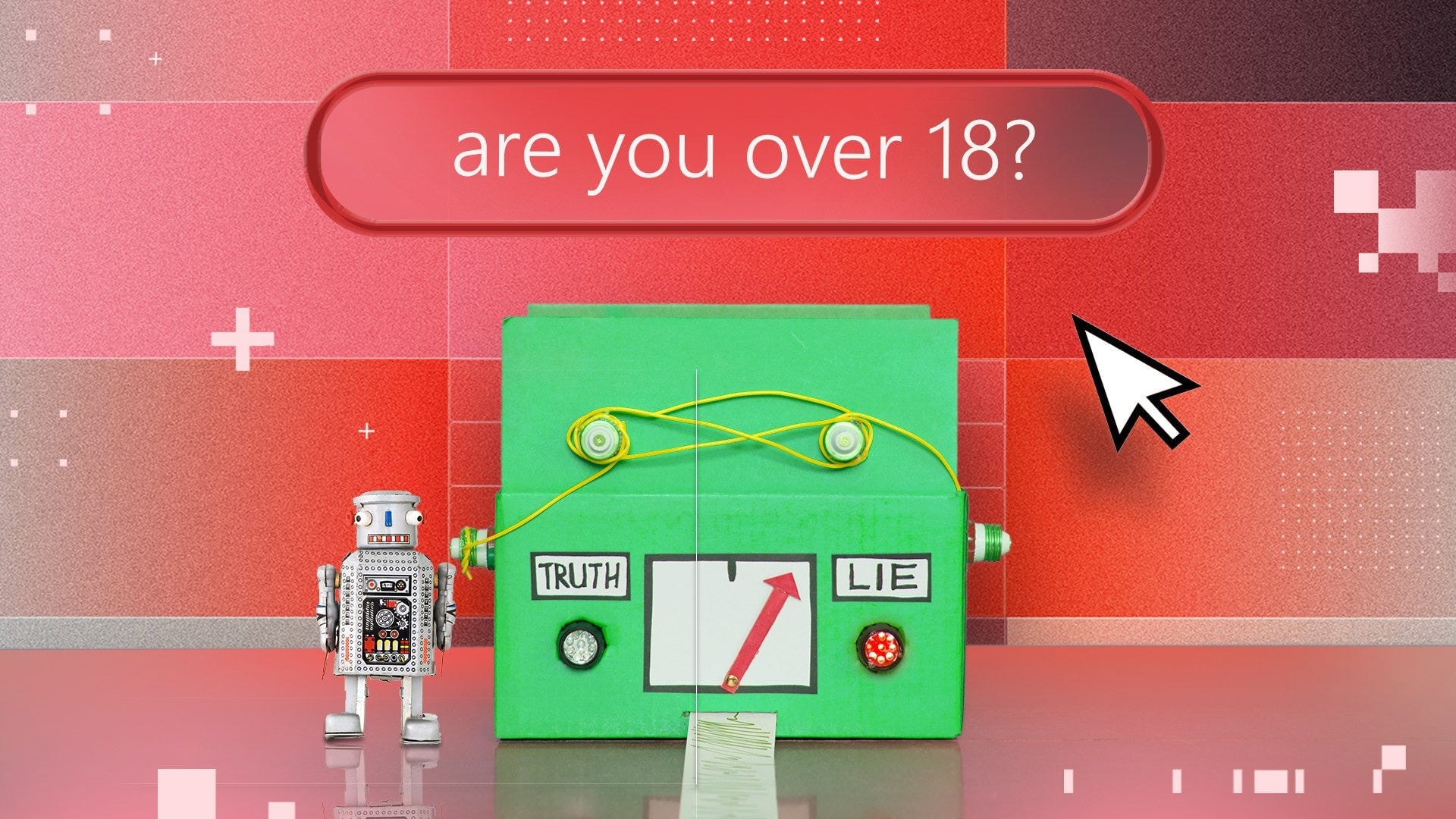 A robot next to a lie detector asking "are you over 18?" The needle on the lie detector is set to "Lie." A robot next to a lie detector asking "are you over 18?" The needle on the lie detector is set to "Lie."