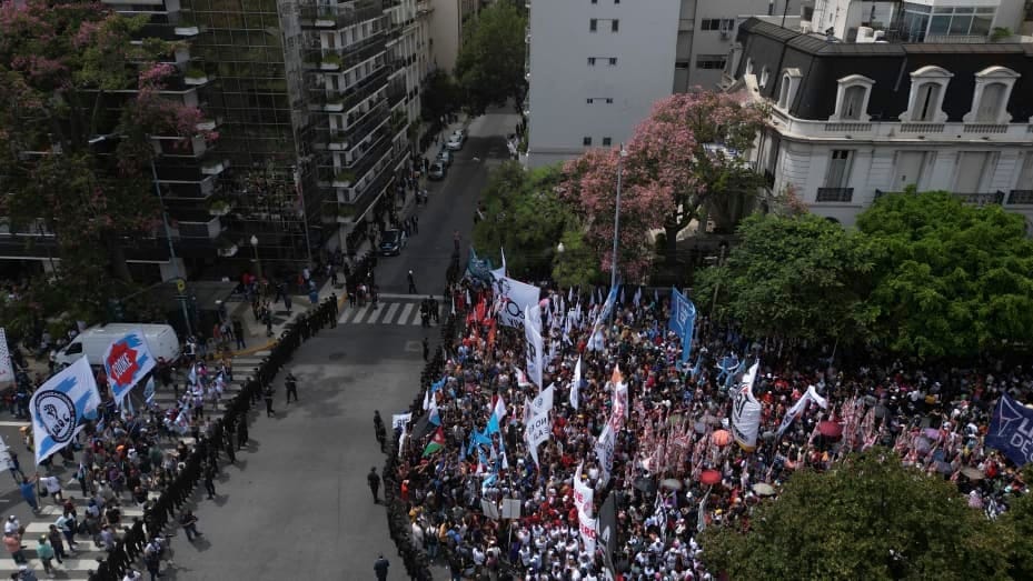 In this aerial view members of social organizations gather outside the Ministry of Human Capital to protest against food scarcity at soup kitchens and President Javier Milei's government's austerity plan in Buenos Aires on February 23, 2024. (Photo by Tomas CUESTA / AFP) (Photo by TOMAS CUESTA/AFP via Getty Images) In this aerial view members of social organizations gather outside the Ministry of Human Capital to protest against food scarcity at soup kitchens and President Javier Milei's government's austerity plan in Buenos Aires on February 23, 2024. (Photo by Tomas CUESTA / AFP) (Photo by TOMAS CUESTA/AFP via Getty Images)
