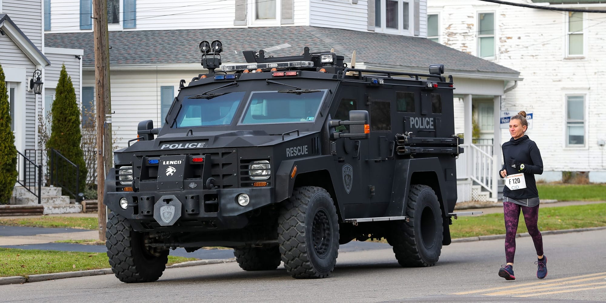 BERWICK, UNITED STATES - 2021/11/25: A police Lenco Bearcat armored vehicle patrols the course during the 112th Annual Run for the Diamonds.
About 900 runners participated in the 112th Annual Run for the Diamonds.
The top seven male and female finishers of the nine mile race win diamond jewelry. (Photo by Paul Weaver/SOPA Images/LightRocket via Getty Images) BERWICK, UNITED STATES - 2021/11/25: A police Lenco Bearcat armored vehicle patrols the course during the 112th Annual Run for the Diamonds.
About 900 runners participated in the 112th Annual Run for the Diamonds.
The top seven male and female finishers of the nine mile race win diamond jewelry. (Photo by Paul Weaver/SOPA Images/LightRocket via Getty Images)