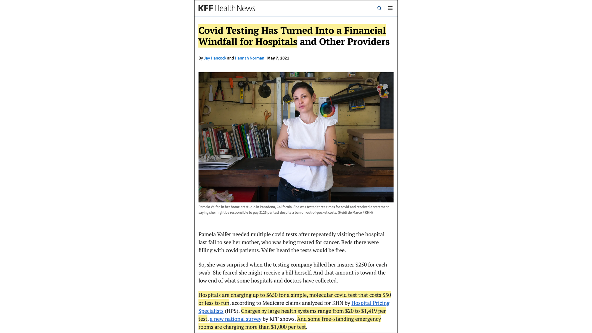 Covid Testing Has Turned Into a Financial Windfall for Hospitals and Other Providers (KFF Health News, 7 May 2021) Covid Testing Has Turned Into a Financial Windfall for Hospitals and Other Providers (KFF Health News, 7 May 2021)