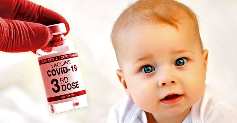 baby and covid vaccine with "3rd dose" on bottle baby and covid vaccine with "3rd dose" on bottle