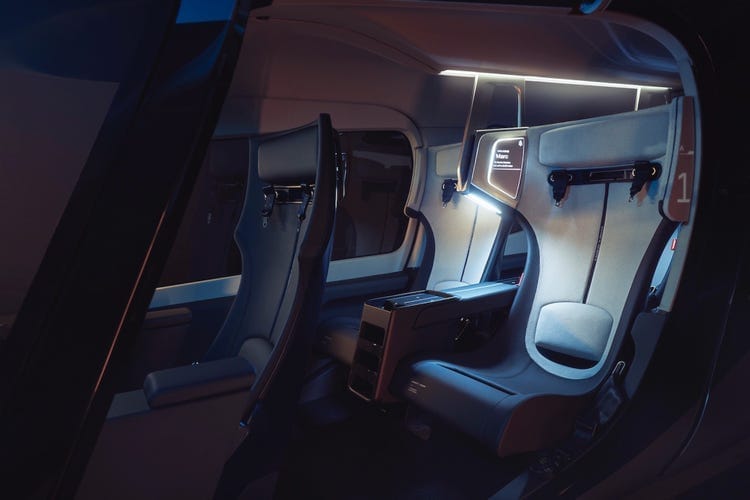 The interior of Archer's Midnight eVTOL with wide seats with headrests. The interior of Archer's Midnight eVTOL with wide seats with headrests.