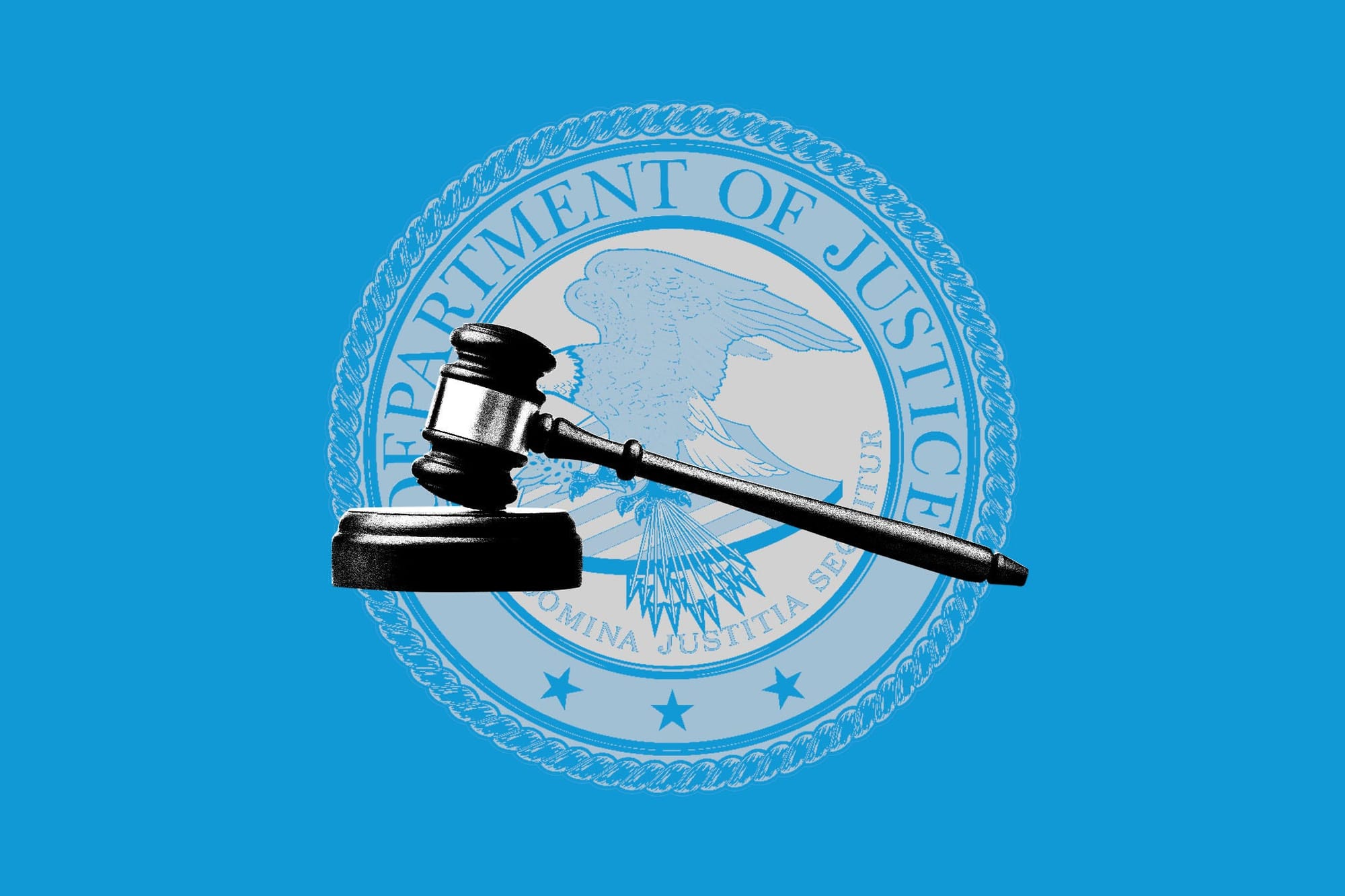 The gavel in front of the DOJ seal. The gavel in front of the DOJ seal.