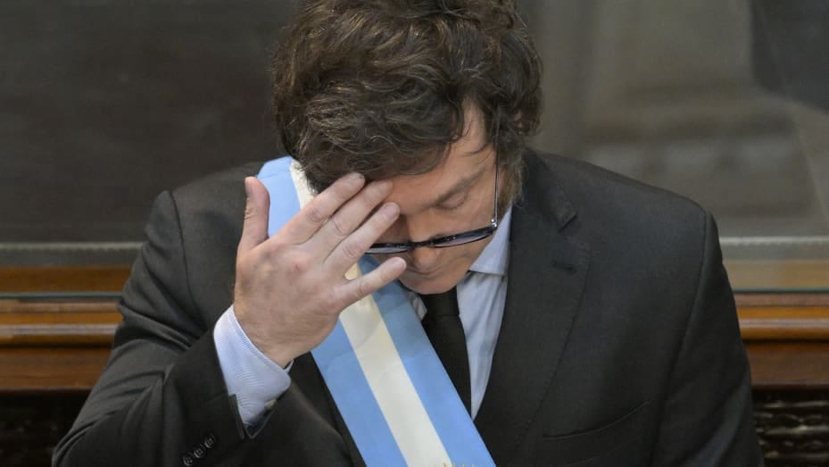 Argentina's President Javier Milei gestures while delivering his first policy speech to parliament during the inauguration of the 142nd ordinary session of Congress in Buenos Aires on March 1, 2024. Argentina's self-styled anarcho-capitalist President Javier Milei made his first policy speech to parliament on Friday, facing lawmakers he has described as "rats" and "traitors" for stalling his project of deregulation and budget cuts. (Photo by JUAN MABROMATA / AFP) (Photo by JUAN MABROMATA/AFP via Getty Image Argentina's President Javier Milei gestures while delivering his first policy speech to parliament during the inauguration of the 142nd ordinary session of Congress in Buenos Aires on March 1, 2024. Argentina's self-styled anarcho-capitalist President Javier Milei made his first policy speech to parliament on Friday, facing lawmakers he has described as "rats" and "traitors" for stalling his project of deregulation and budget cuts. (Photo by JUAN MABROMATA / AFP) (Photo by JUAN MABROMATA/AFP via Getty Image