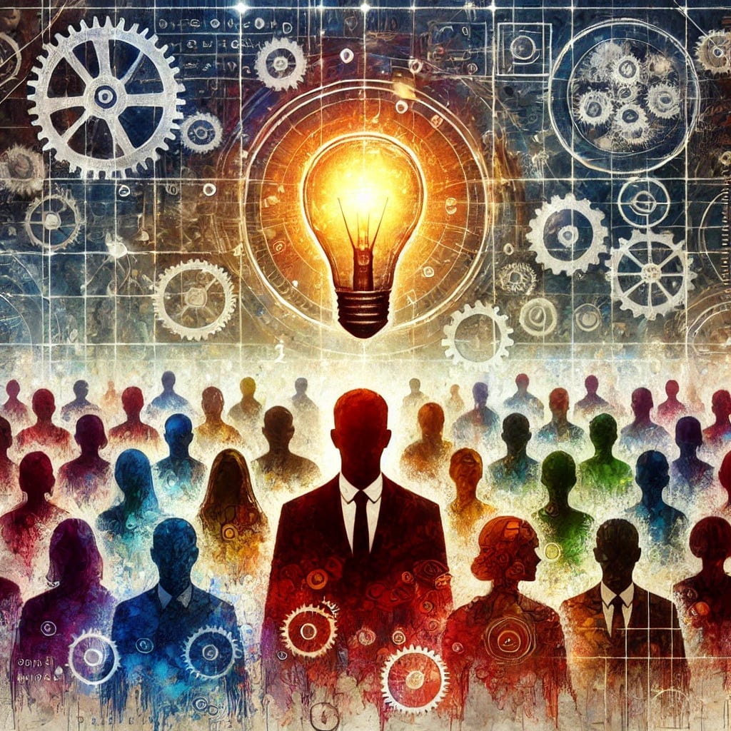 An abstract image that explores the concept of intelligence and uniqueness. The image shows a crowd of diverse people with one person standing out, illuminated by a glowing light bulb above their head, symbolizing genius. The other individuals have faded or dim light bulbs, representing average intelligence or untapped potential. The background includes subtle gears and mathematical symbols to represent complex thought processes, with a mix of vibrant and muted colors to emphasize contrast between genius and average thinking. An abstract image that explores the concept of intelligence and uniqueness. The image shows a crowd of diverse people with one person standing out, illuminated by a glowing light bulb above their head, symbolizing genius. The other individuals have faded or dim light bulbs, representing average intelligence or untapped potential. The background includes subtle gears and mathematical symbols to represent complex thought processes, with a mix of vibrant and muted colors to emphasize contrast between genius and average thinking.