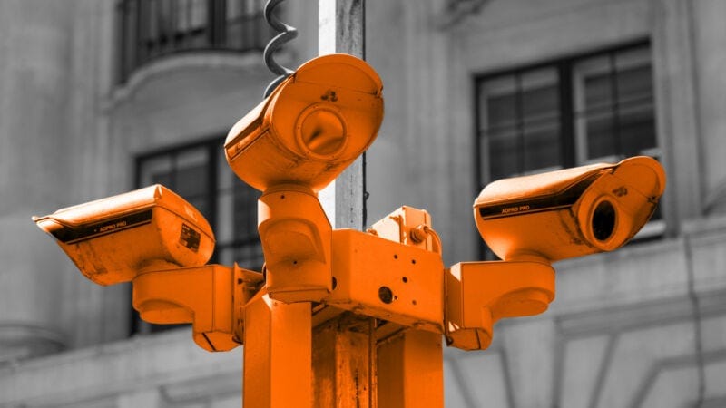 A colorized photo of CCTV cameras in London, 2024. A colorized photo of CCTV cameras in London, 2024.