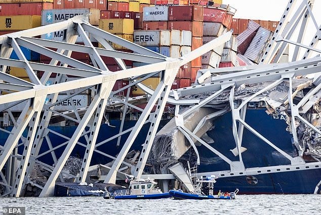 The ship involved is the 948 foot long Dali, a Singaporean-flagged container which could be seen on ship tracking websites positioned stationary under the bridge following the crash The ship involved is the 948 foot long Dali, a Singaporean-flagged container which could be seen on ship tracking websites positioned stationary under the bridge following the crash