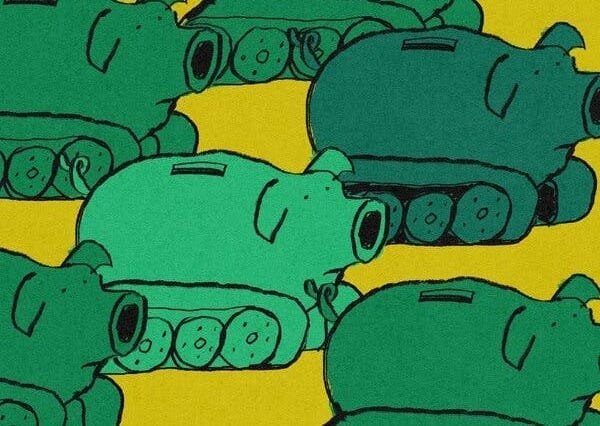 An illustration of army green piggy banks rolling along on tank treads. An illustration of army green piggy banks rolling along on tank treads.
