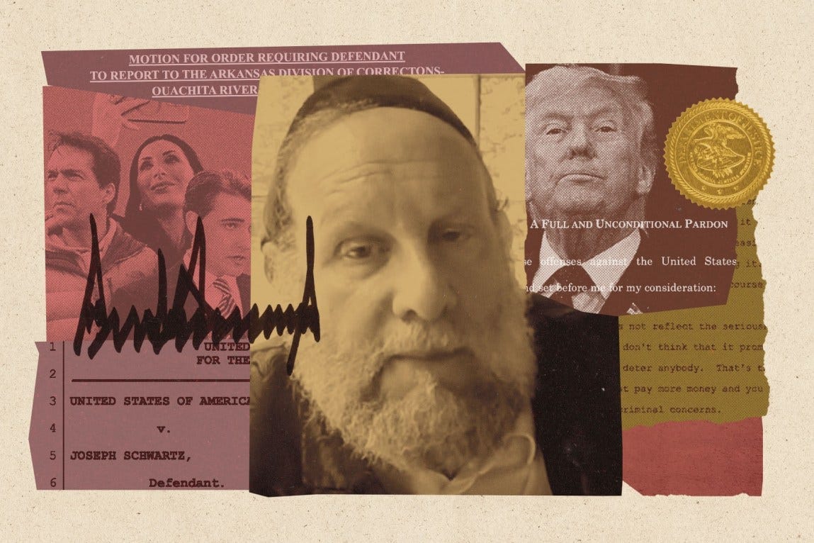 A collage with layered images of a man with a large, white beard, wearing a kippah and a suit in the center, tinted yellow, with President Donald Trump on his right, tinted in red, and three individuals on his left, tinted in red, mixed with various legal documents, the presidential seal and Trump’s signature.