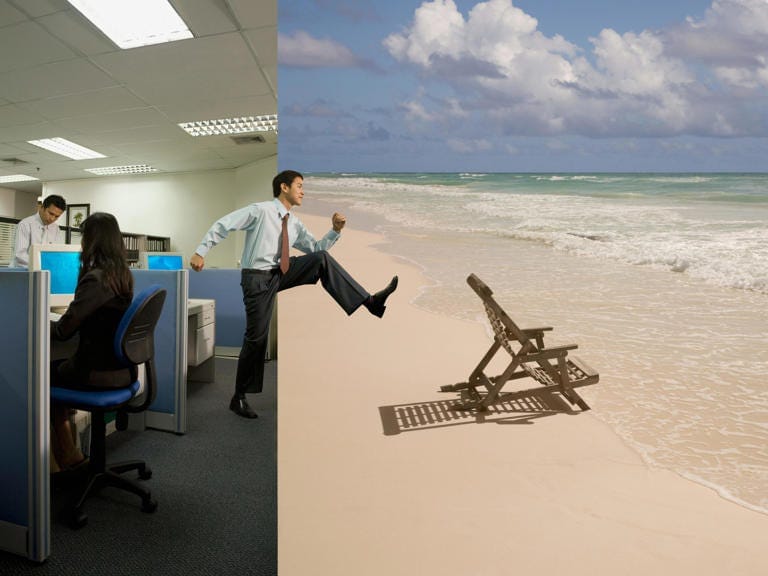 Employees following a "triple-peak" workday are signing off early to run errands or do leisurely activities — perhaps a trip to the beach? — before logging on again at night to wrap up their work. John M Lund Photography Inc/Getty Images Employees following a "triple-peak" workday are signing off early to run errands or do leisurely activities — perhaps a trip to the beach? — before logging on again at night to wrap up their work. John M Lund Photography Inc/Getty Images