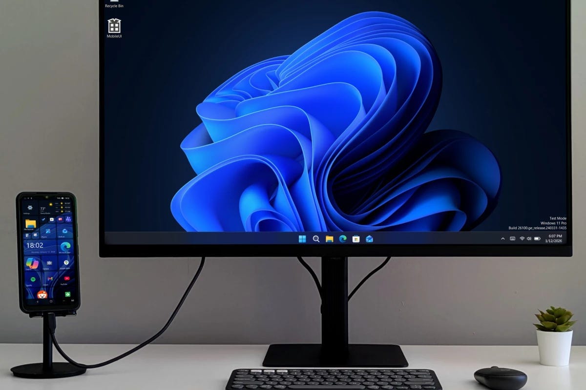 Docked into an external display, the NexPhone can dual-boot into Windows, turning your phone into a pocket-sized desktop PC Docked into an external display, the NexPhone can dual-boot into Windows, turning your phone into a pocket-sized desktop PC