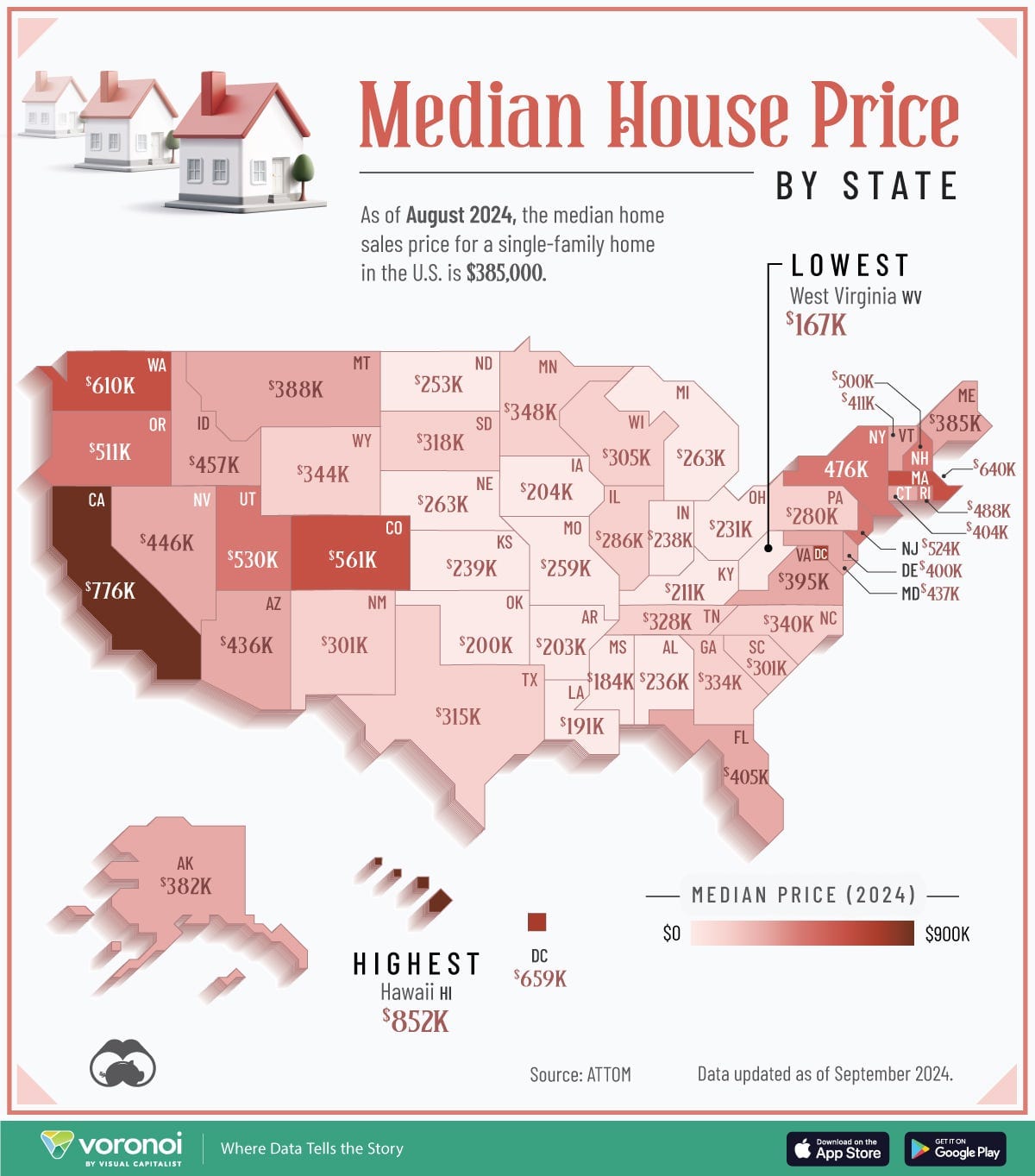 Mapped: Median Home Sale Price by U.S. State