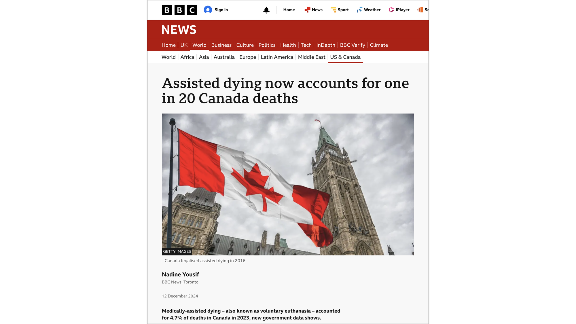 Assisted dying now accounts for one in 20 Canada deaths (BBC, 2024) Assisted dying now accounts for one in 20 Canada deaths (BBC, 2024)
