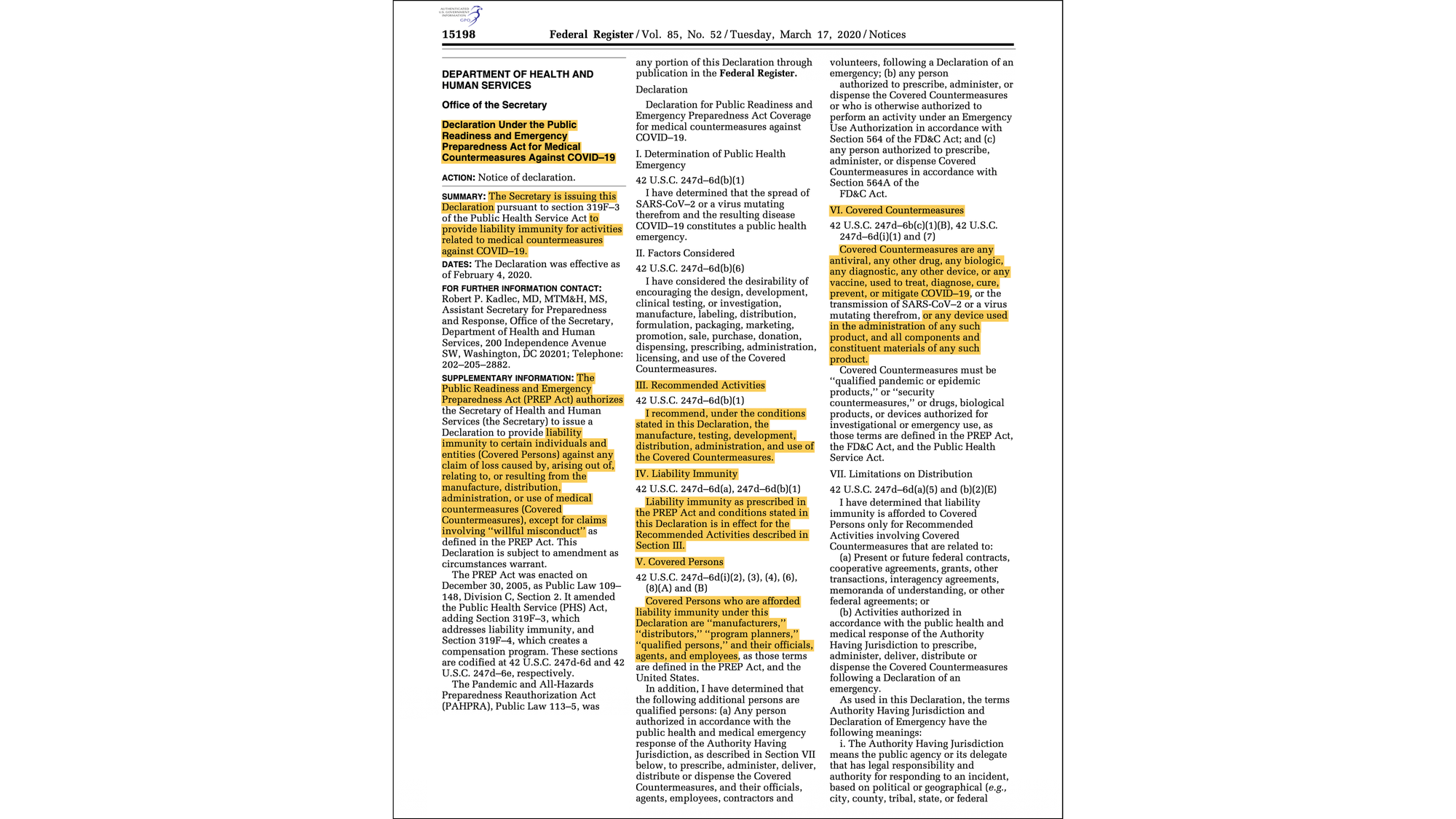 Declaration Under the PREP Act for Medical Countermeasures Against COVID-19 (Federal Register, 17 March 2020) Declaration Under the PREP Act for Medical Countermeasures Against COVID-19 (Federal Register, 17 March 2020)