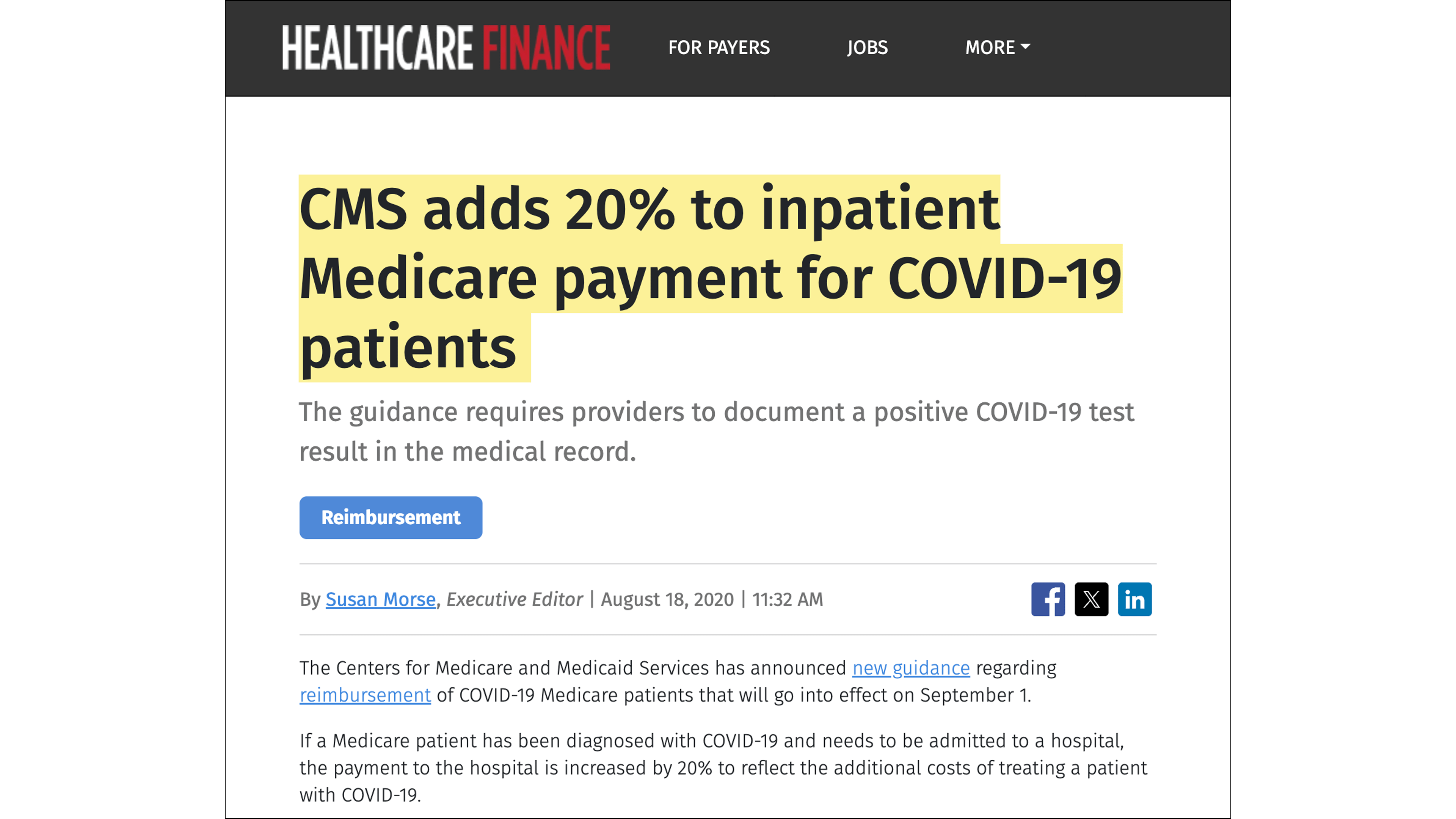CMS adds 20% to inpatient Medicare payment for COVID-19 patients (Healthcare Finance,18 August 2020) CMS adds 20% to inpatient Medicare payment for COVID-19 patients (Healthcare Finance,18 August 2020)