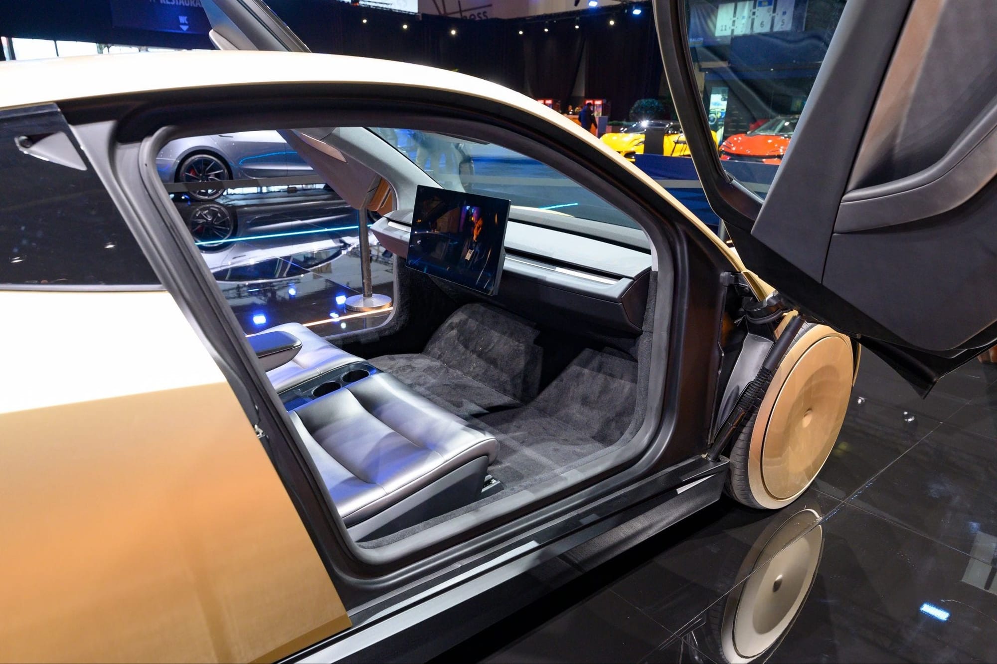 BRUSSELS, BELGIUM - JANUARY 10: Tesla Cybercab or Robotaxi two-passenger battery-electric self-driving car interior on display at the AutoSalon on January 10, 2025 in Brussels, Belgium. (Photo by Sjoerd van der Wal/Getty Images)