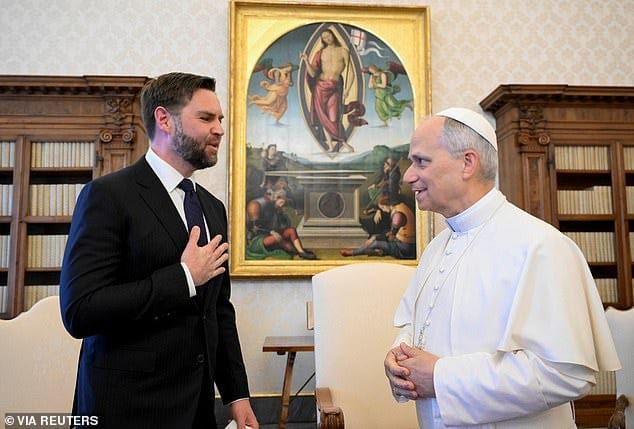 Vice President JD Vance with American Pope Leo XIV in May 2025 Vice President JD Vance with American Pope Leo XIV in May 2025