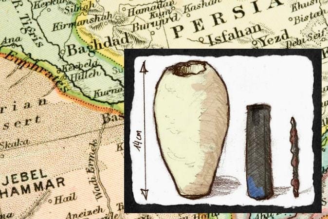 Right: An illustration of a Baghdad battery from museum artifact pictures. (Ironie/Wikimedia Commons) Background: Map of area surrounding present-day Baghdad, Iraq. (Cmcderm1/iStock/Thinkstock) Right: An illustration of a Baghdad battery from museum artifact pictures. (Ironie/Wikimedia Commons) Background: Map of area surrounding present-day Baghdad, Iraq. (Cmcderm1/iStock/Thinkstock)