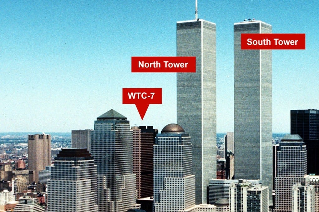 A shot of the WTC7 building in proximity to the the Twint Towers. A shot of the WTC7 building in proximity to the the Twint Towers.