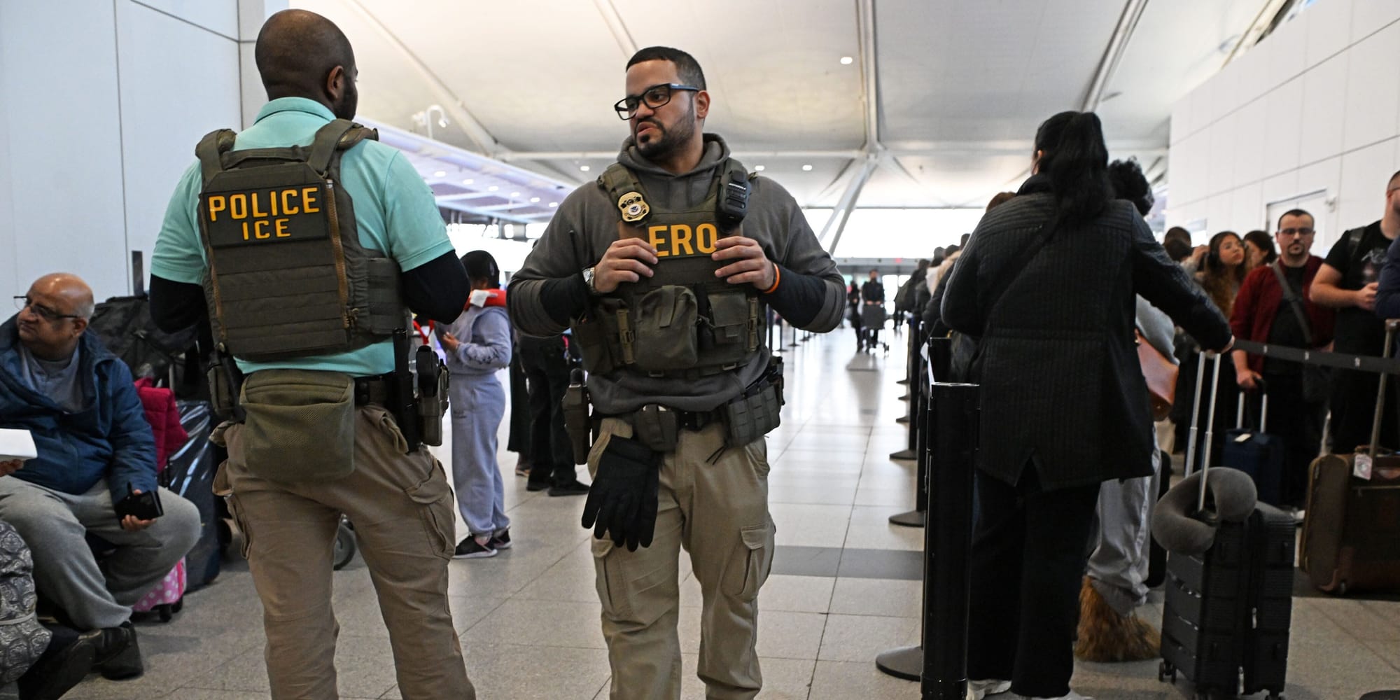 Immigration and Customs Enforcement agents at John F. Kennedy International Airport in New York City on March 23, 2026. Immigration and Customs Enforcement agents at John F. Kennedy International Airport in New York City on March 23, 2026.
