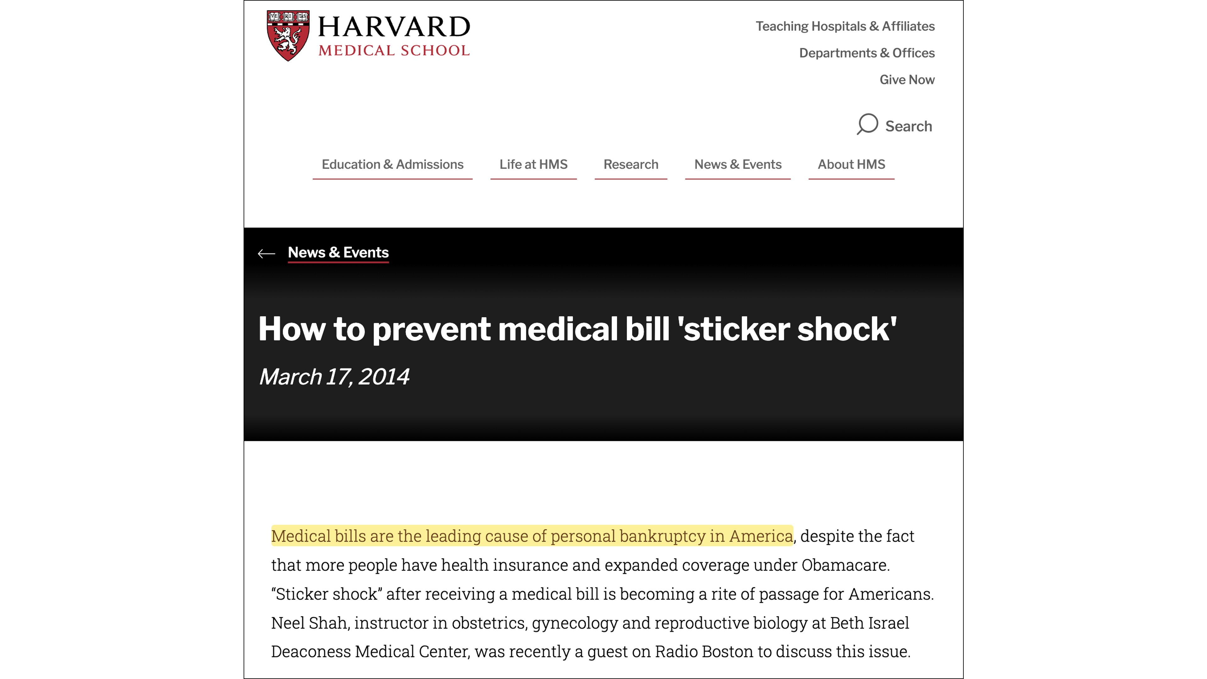 Medical debt as the leading cause of personal bankruptcy in the U.S. (Harvard Medical School, 2014) Medical debt as the leading cause of personal bankruptcy in the U.S. (Harvard Medical School, 2014)