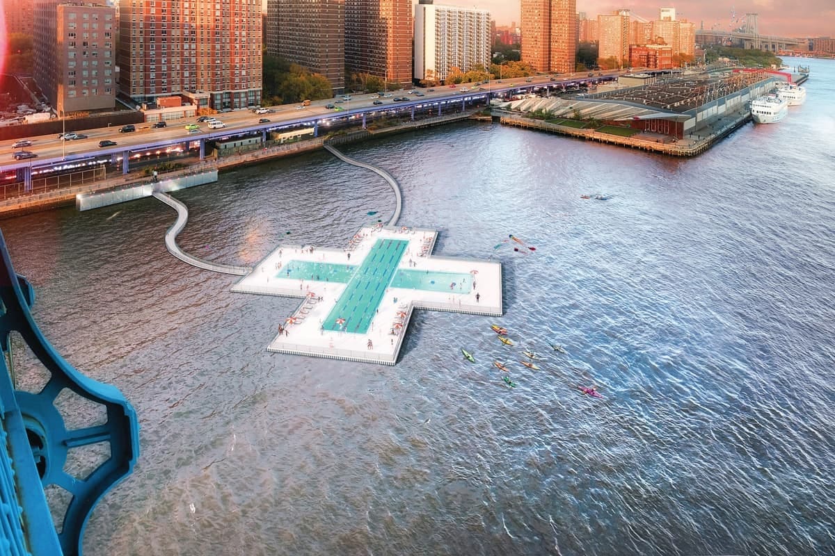 The floating and self-filtering + Pool will allow New Yorkers to enjoy a safe swim in the East River The floating and self-filtering + Pool will allow New Yorkers to enjoy a safe swim in the East River